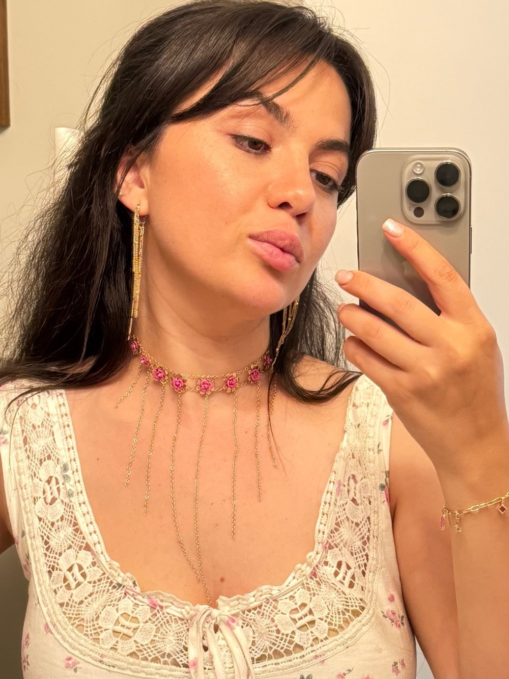 Gold Pink flower Necklace